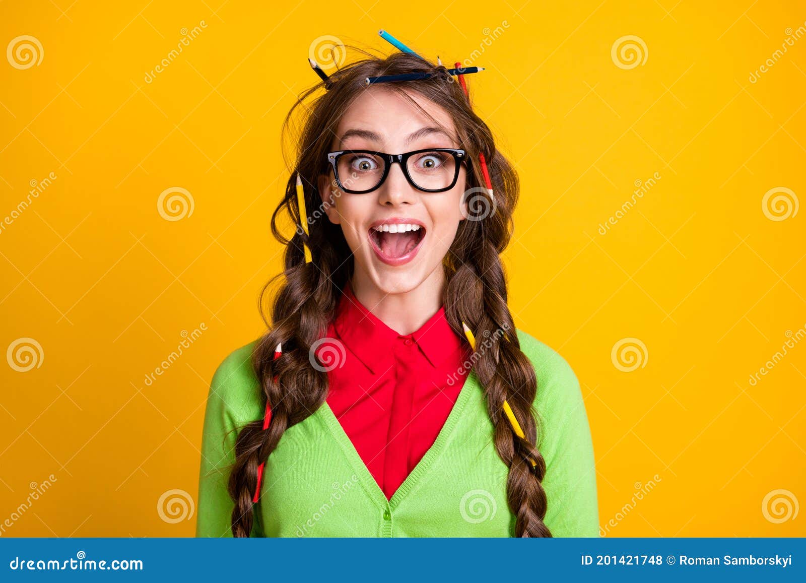 Photo Of Nerd Teenager Girl With Pencil Messy Hairdo Excited Wear Green Clothes Isolated Shine