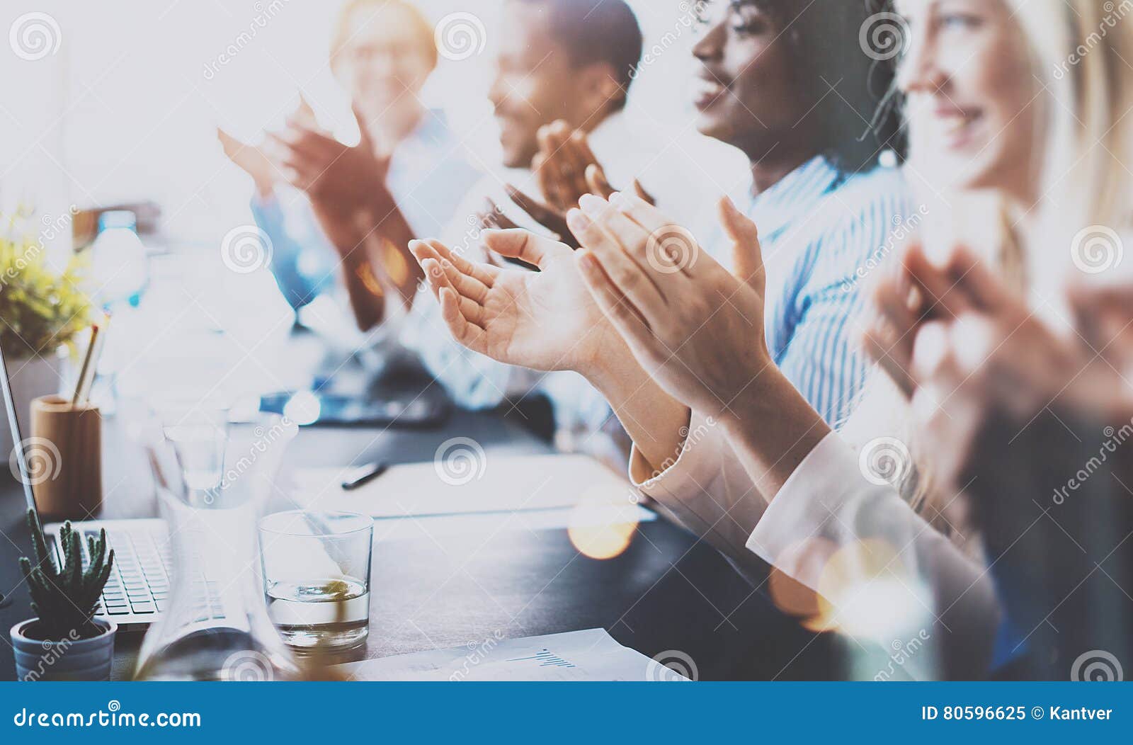 photo of partners clapping hands after business seminar. professional education, work meeting, presentation or coaching