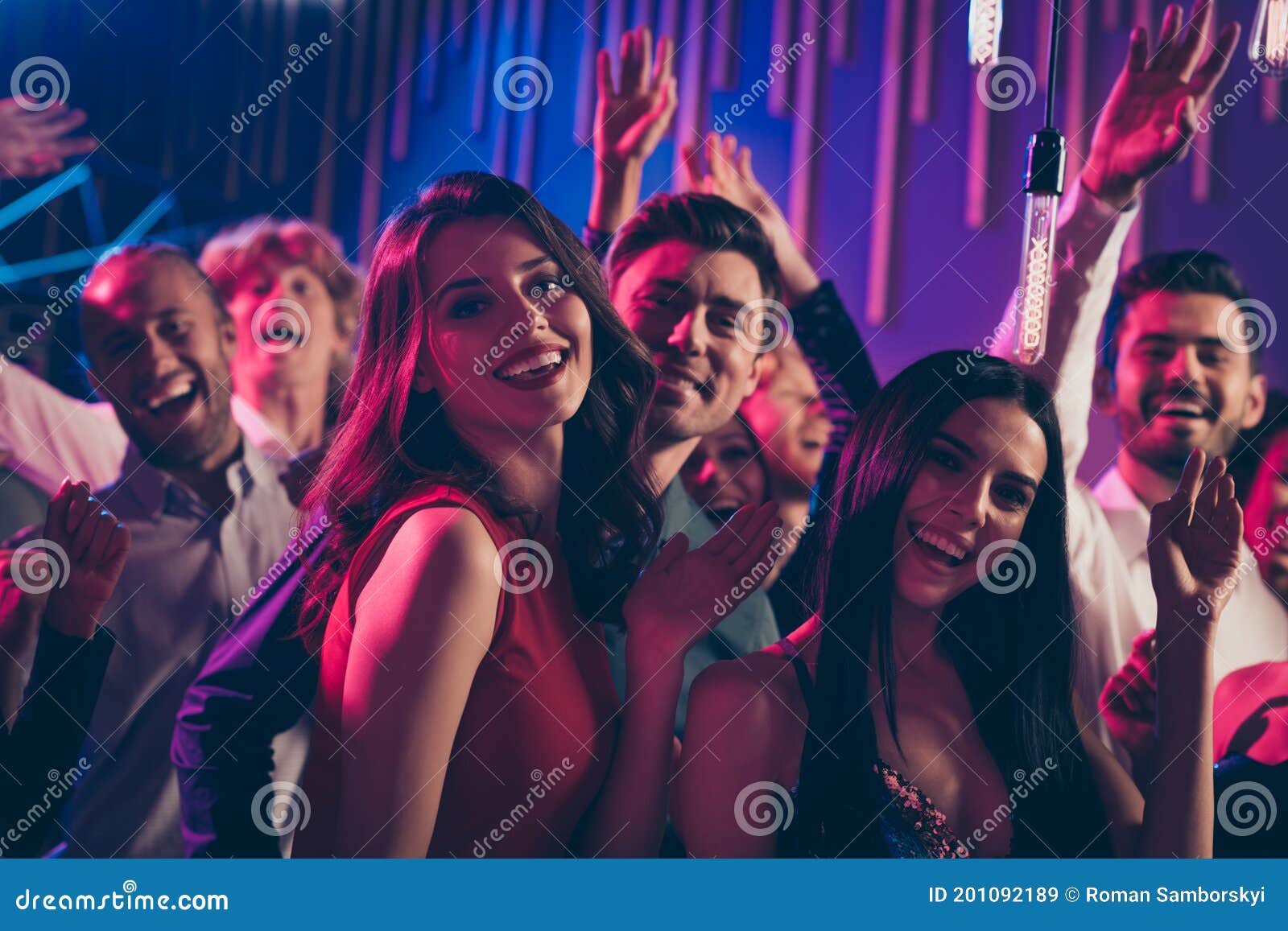 Photo Portrait of Attractive People Dancing Together Waving Hands ...