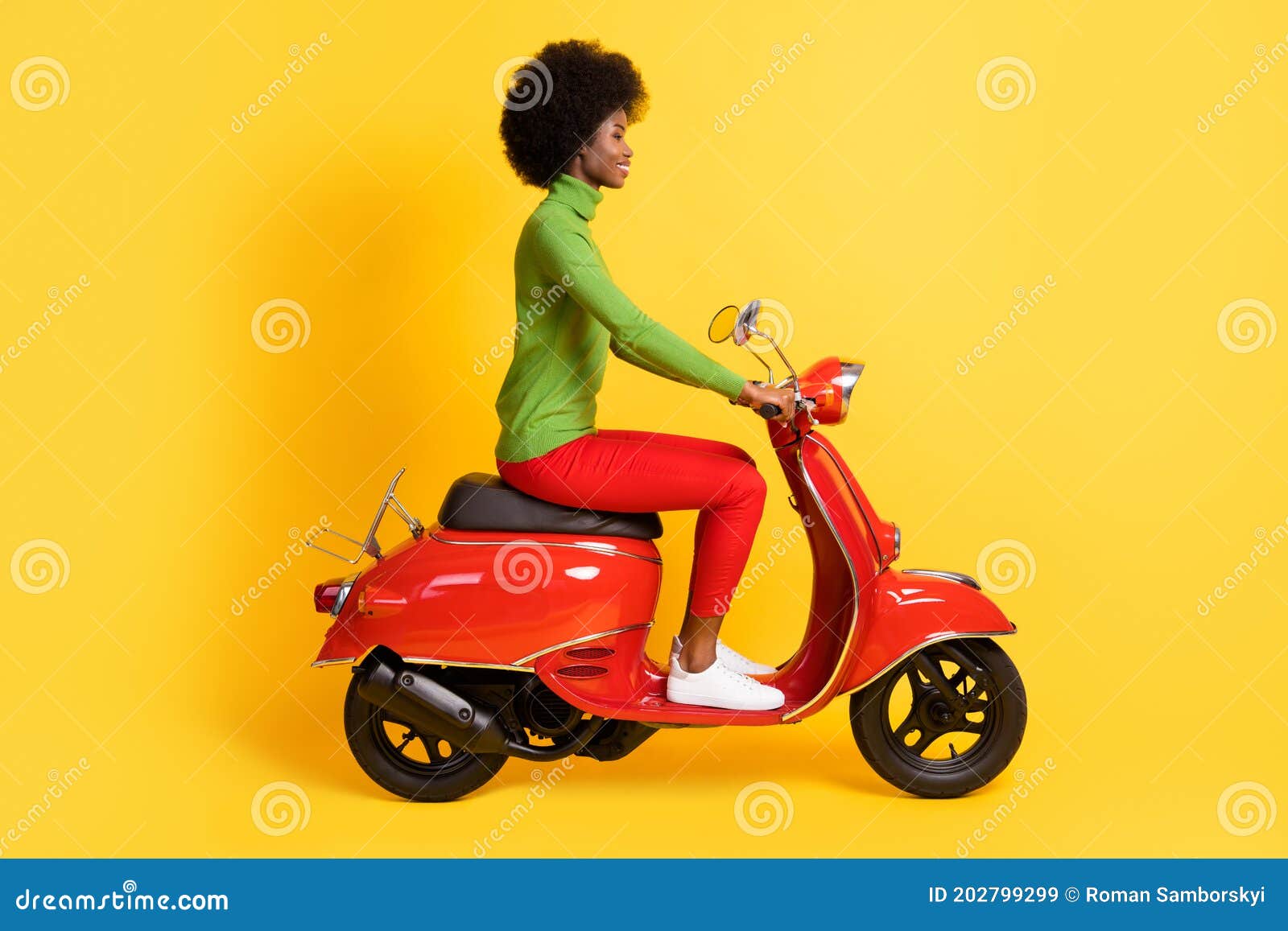 Photo Portrait of Brunette African American Woman Riding Red Motorbike ...