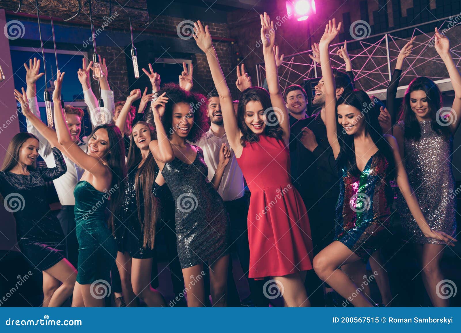 Photo Portrait of Cheerful People at Party with Raised Hands Stock ...