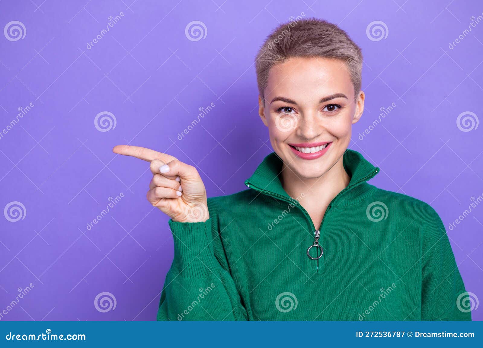 Photo Portrait of Cheerful Positive Promoter Girl Directing Finger ...