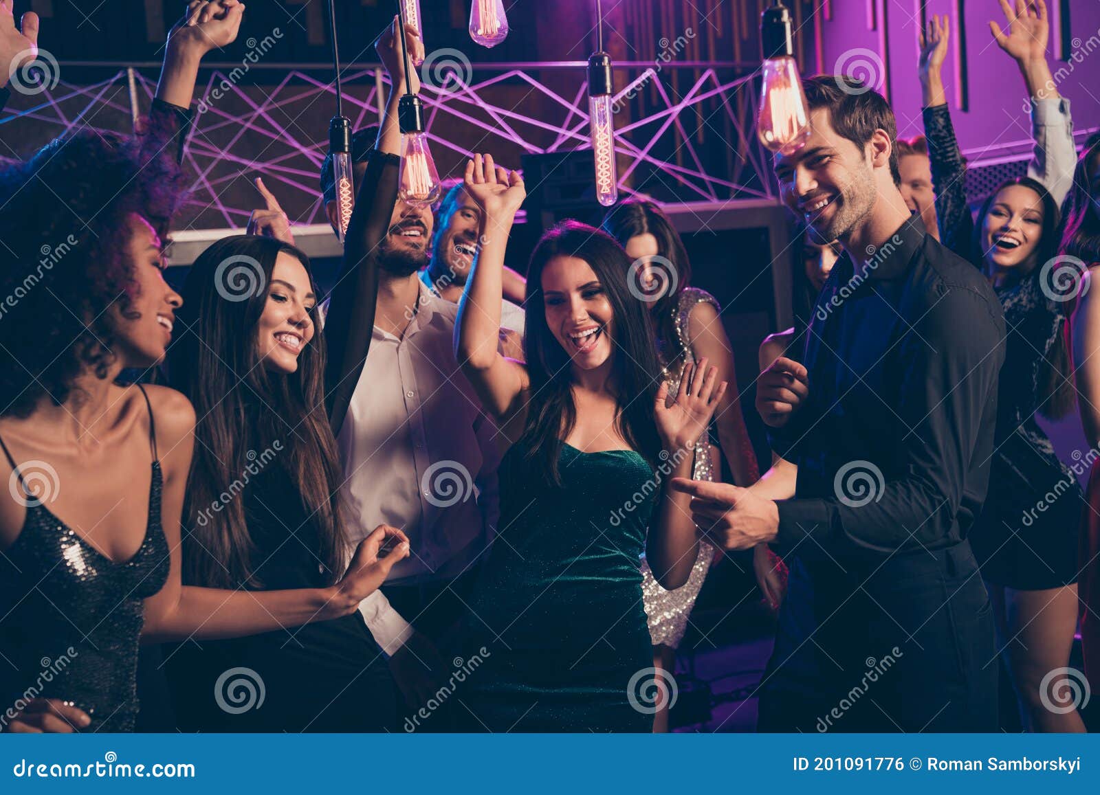 Photo Portrait of Cute Couple Dancing Together at Nightclub with Many ...