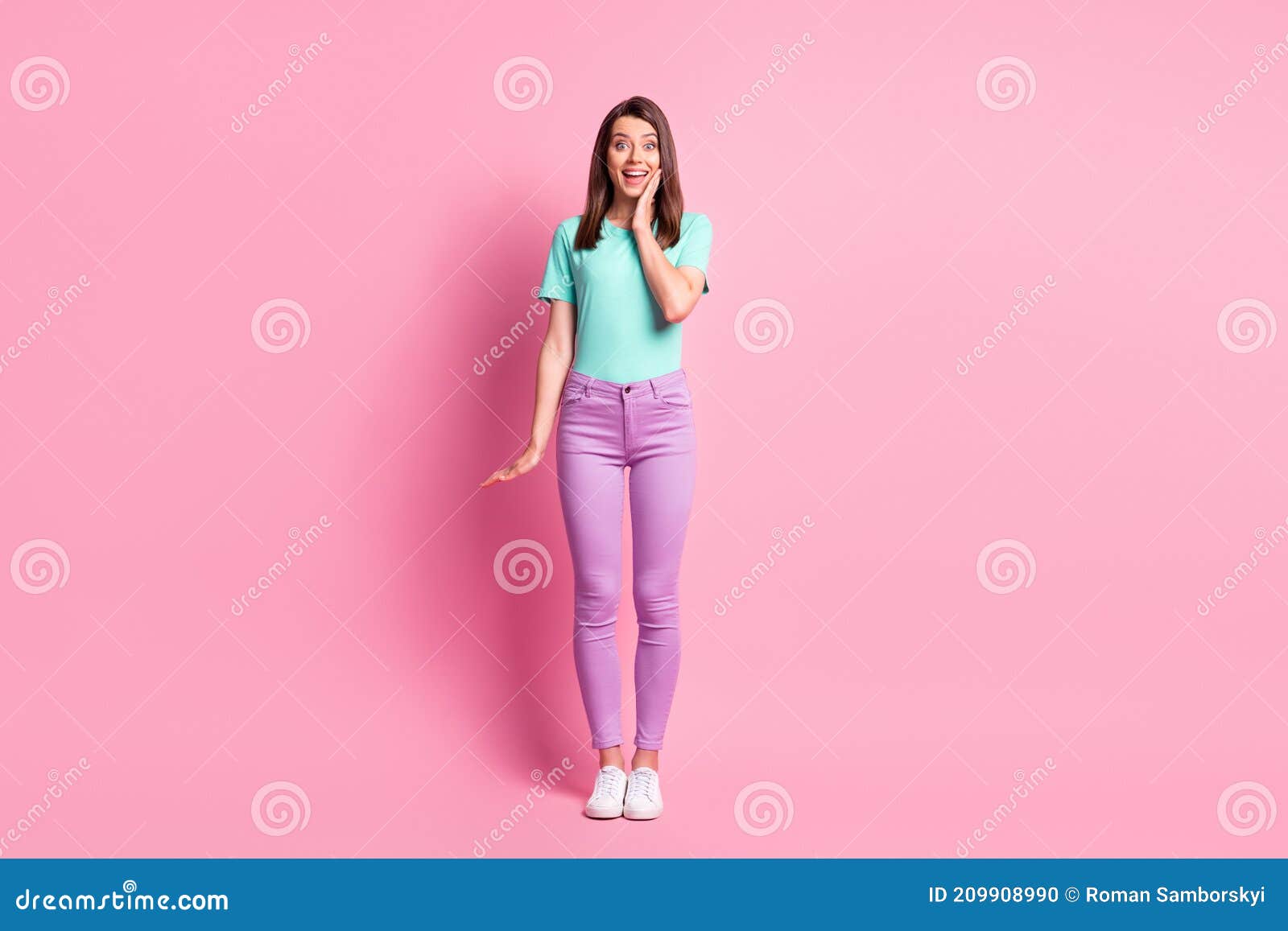 Photo Portrait Full Body View of Naive Girl Touching Face with One Hand ...