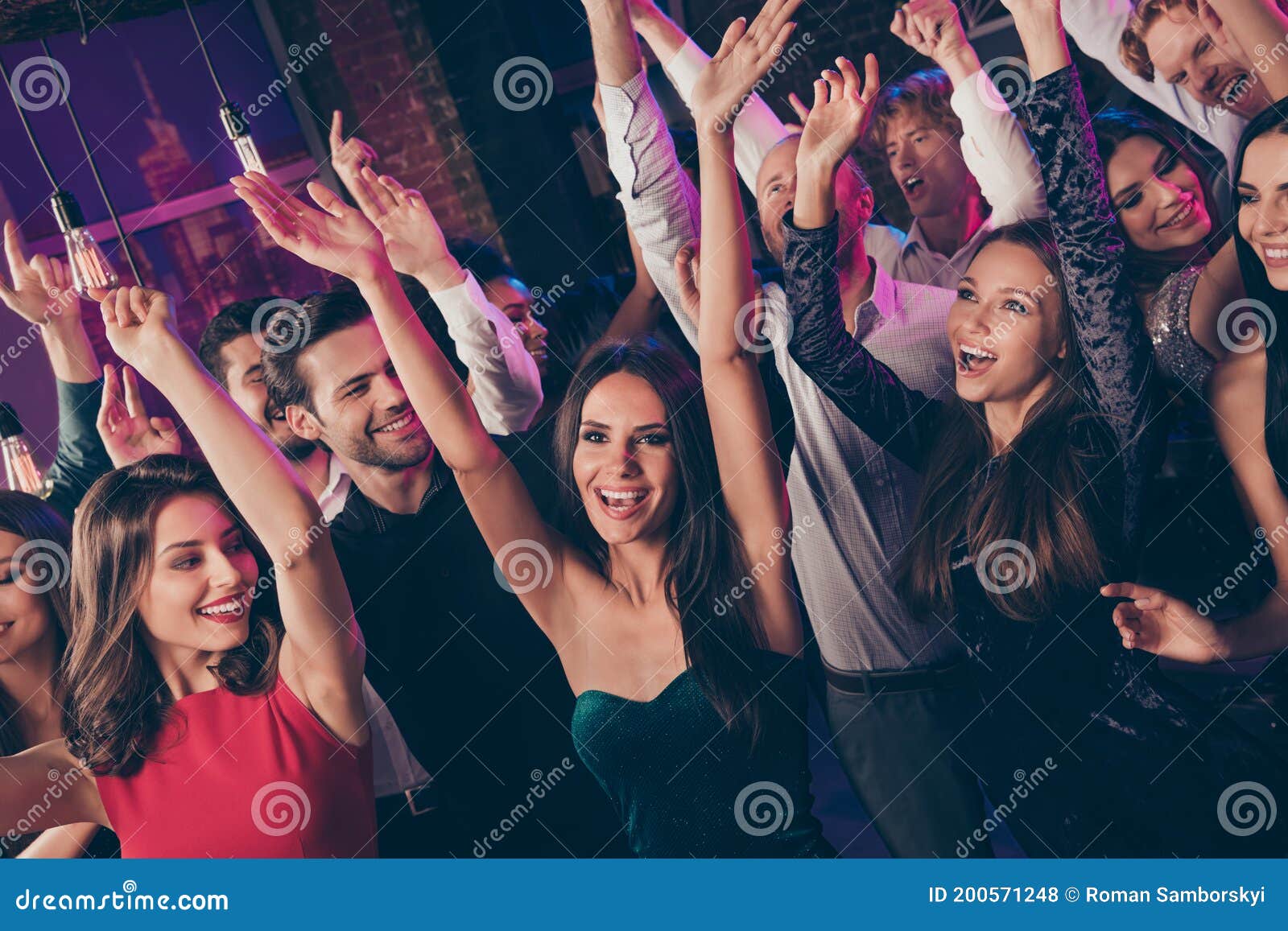 Photo Portrait of Happy People Raising Hands at Party Stock Photo ...