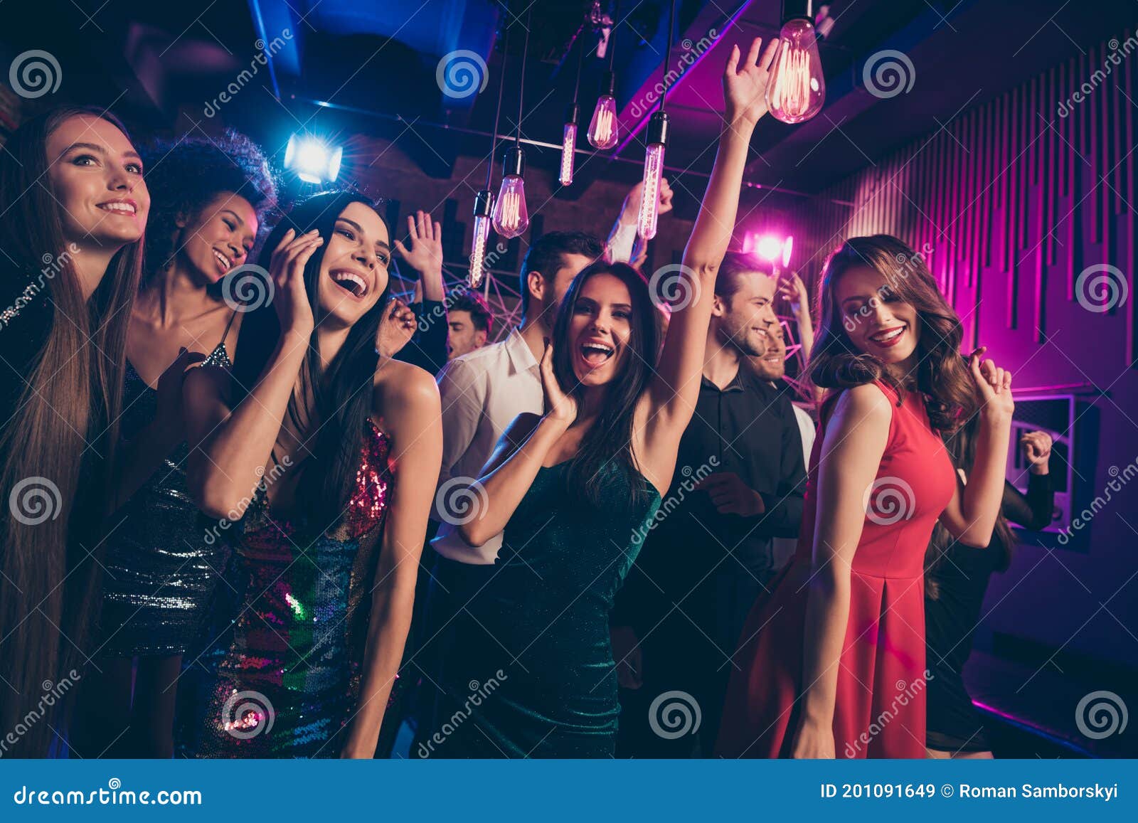 Photo Portrait of Happy Young People Dancing Together Cheering Raising ...