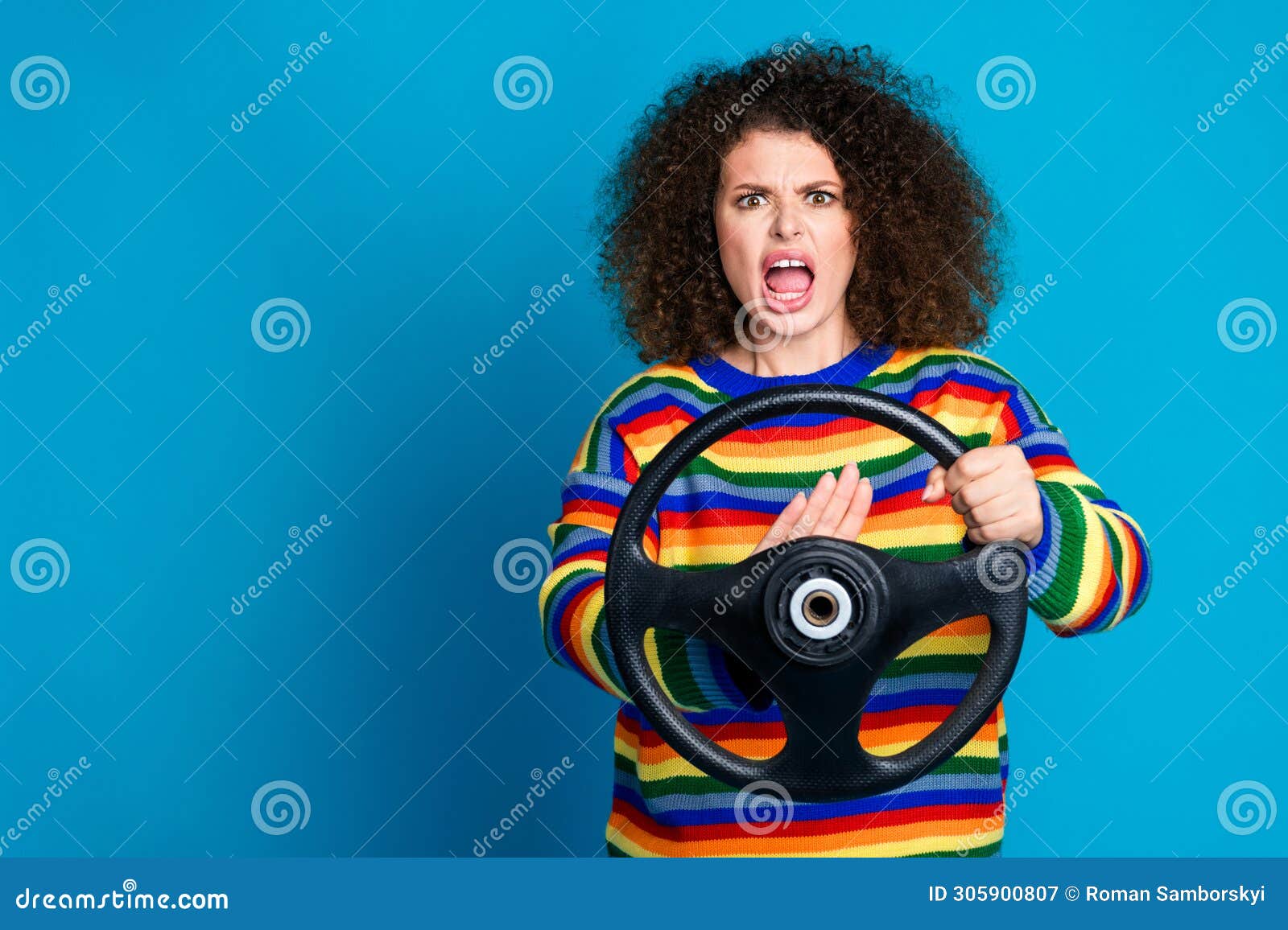 photo portrait of pretty young girl beep horn steering wheel traffic jam wear trendy rainbow print outfit  on