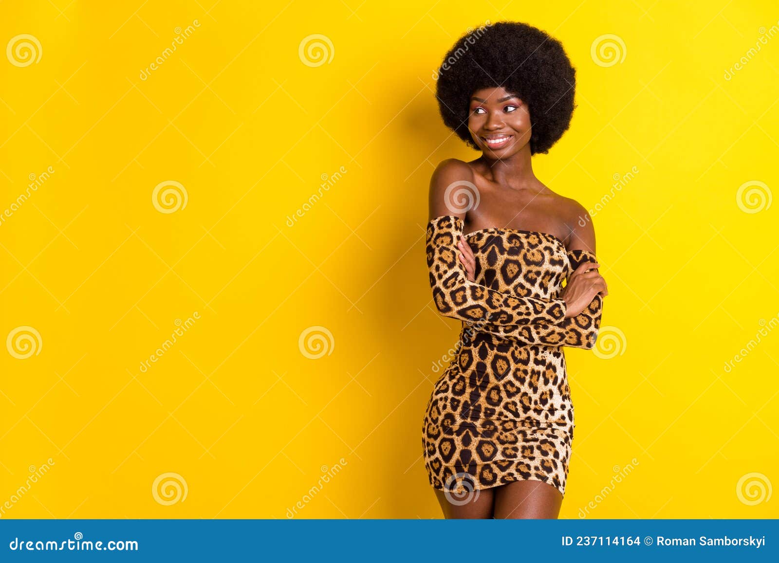 Photo Portrait Woman Wearing Stylish Leopard Dress Smiling Cheerful Isolated Vibrant Yellow Color Background Copyspace Stock Photo Image of american leisure 237114164