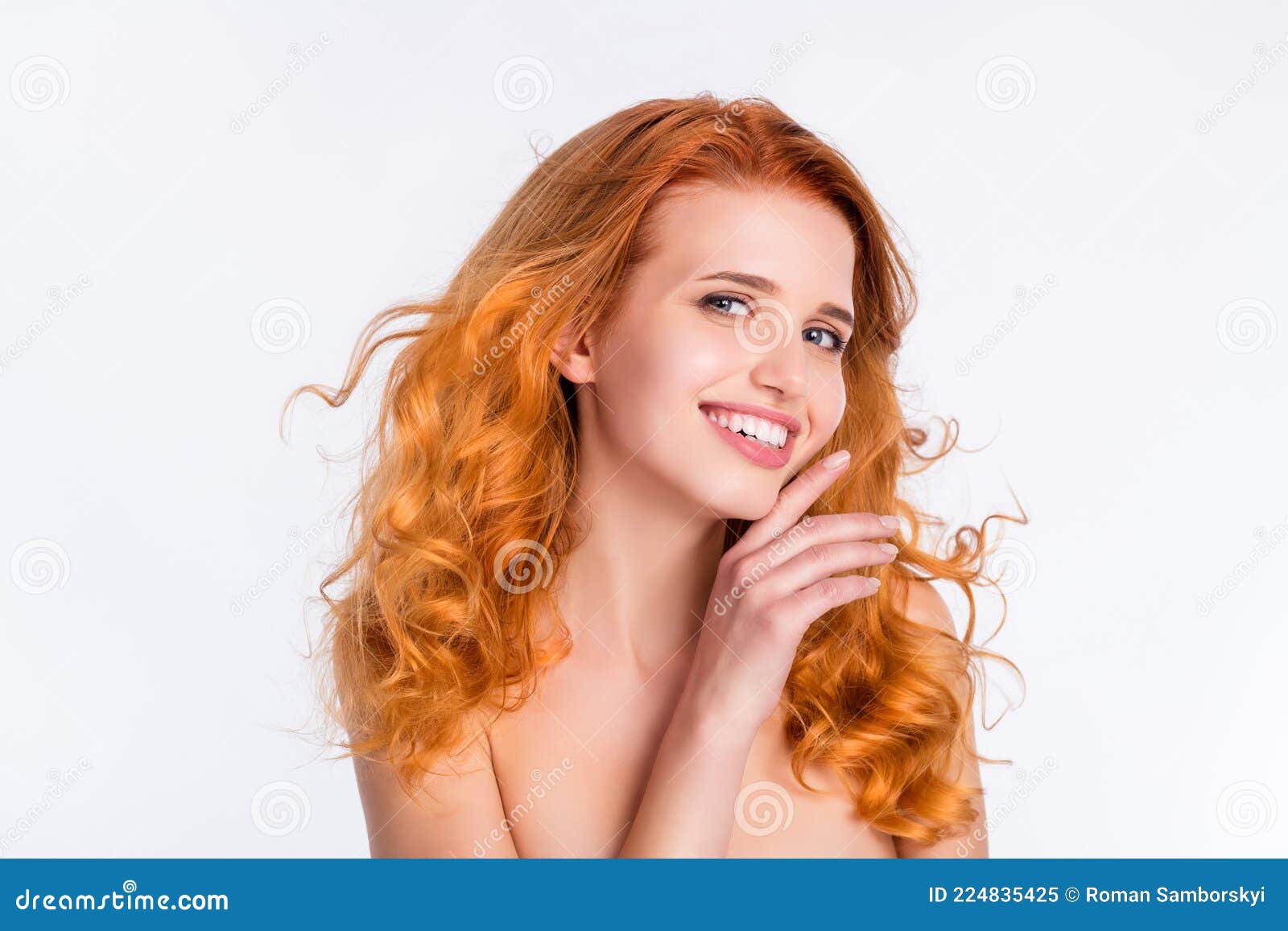 Photo Portrait of Young Woman Wavy Red Hair Happy Smiling Touching Silky Soft  Smooth Skin Isolated White Color Stock Image - Image of pampering, perfect:  224835425