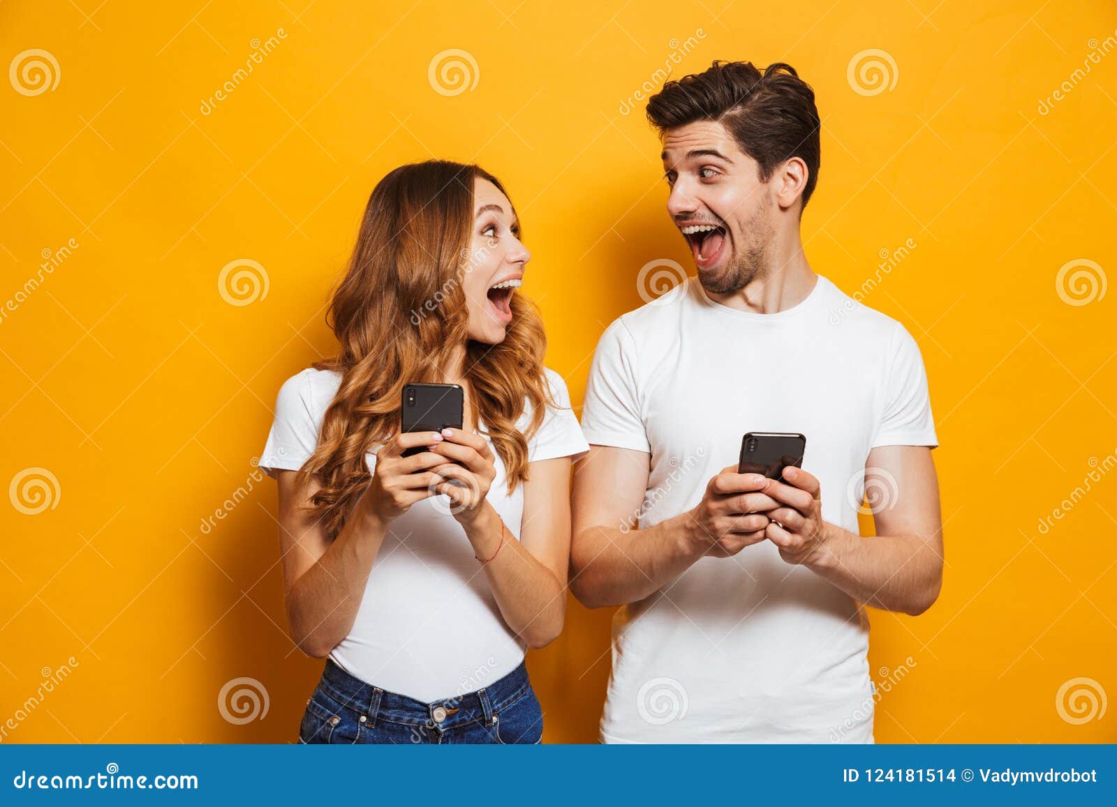 photo of positive excited people man and woman screaming and loo