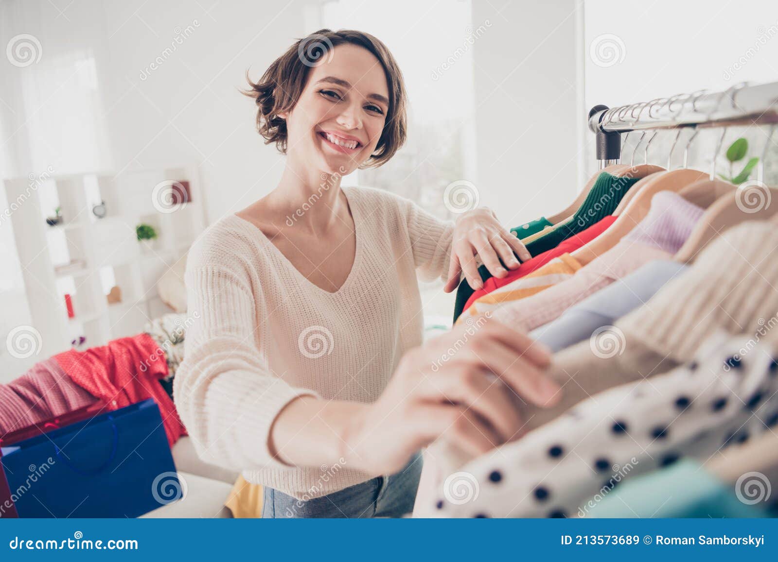 Photo Of Positive Pretty Cute Woman Wardrobe Organize Good Mood Outfit ...