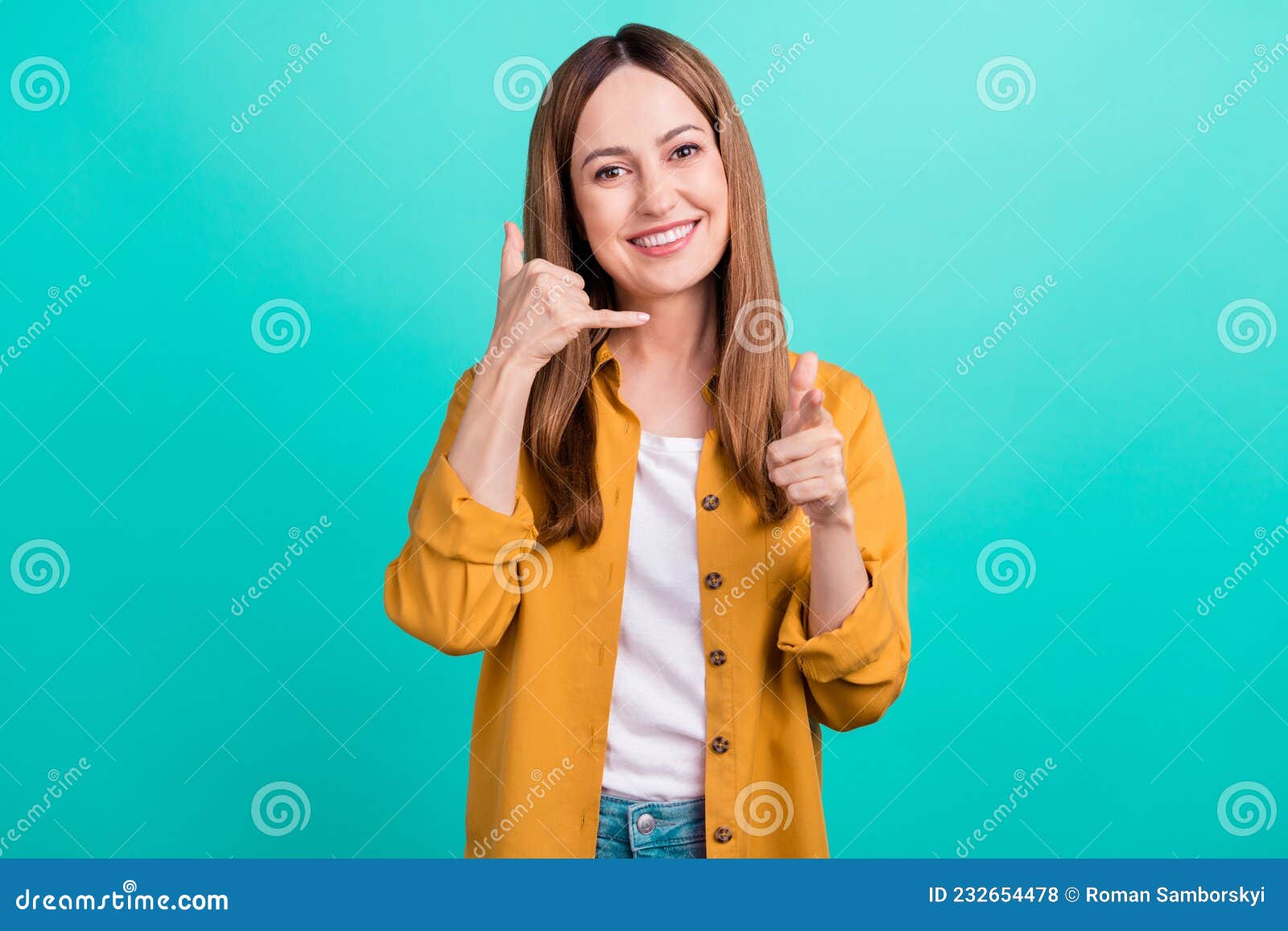 Photo of Pretty Cute Young Woman Dressed Yellow Shirt Smiling Pointing ...