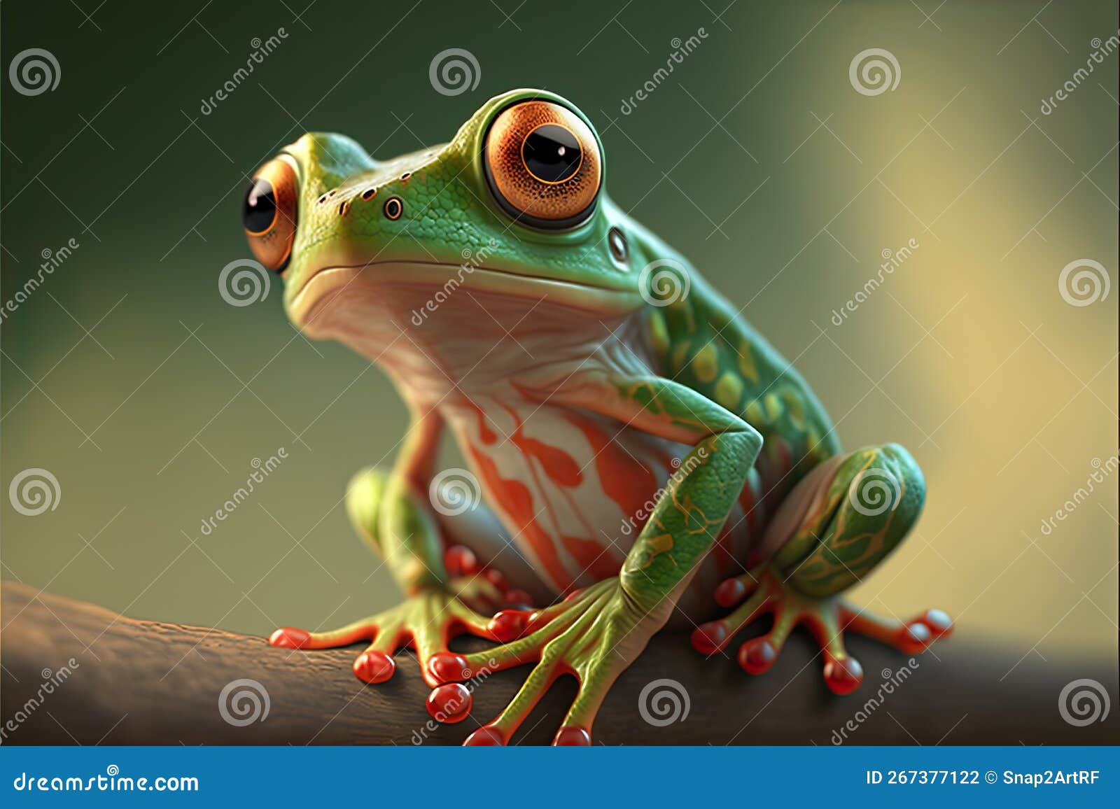 Photo Realistic 3D Render of a Cute Little Green Frog Sitting on a Branch  Stock Illustration - Illustration of green, posed: 267377122