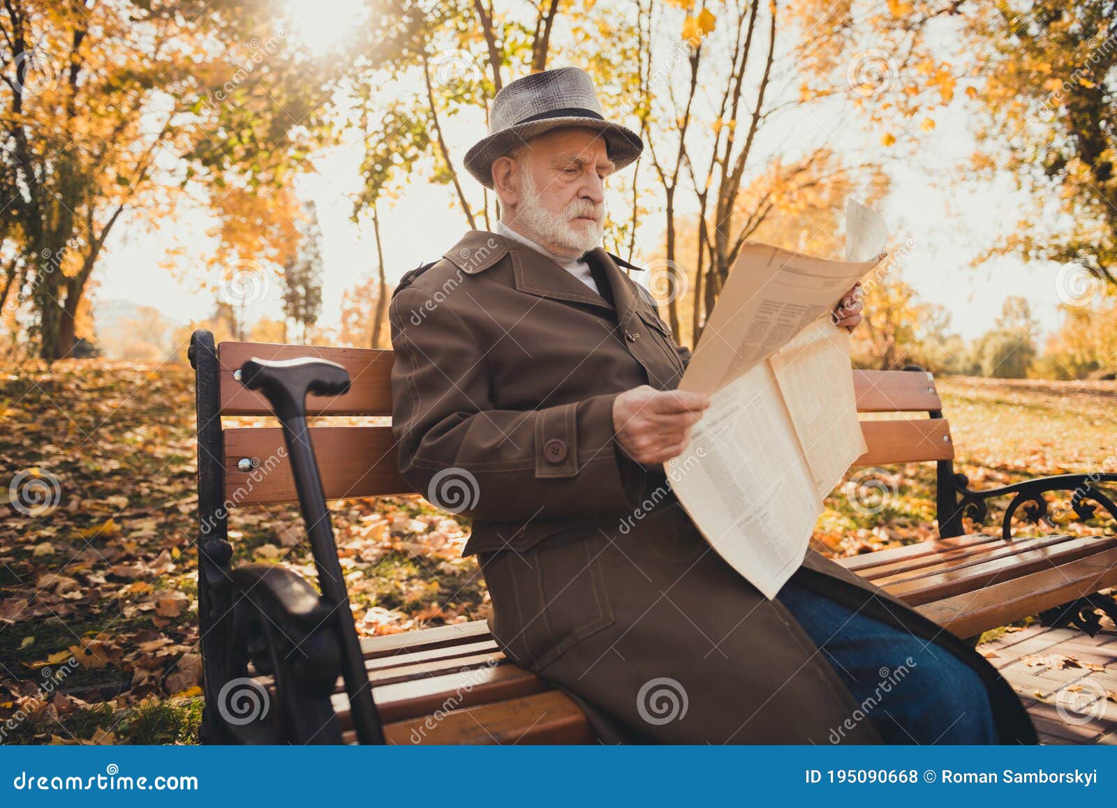 Photo Of Serious Smart Old Man Retired Professor Rest Relax City Center Fall Park Outdoors Sit Bench Read Newspaper Stock Photo - Image Of News, Relax: 195090668