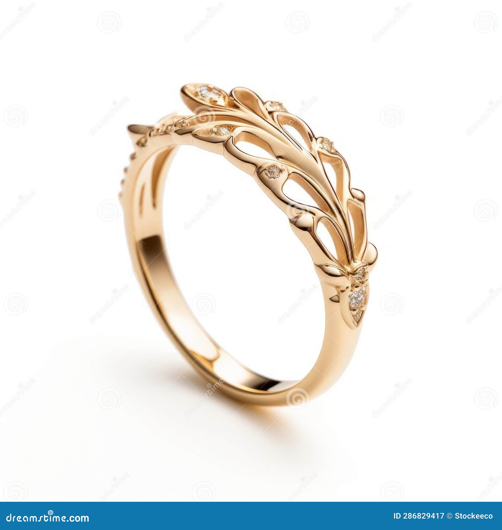 14k Yellow Gold Leaf Ring with White Diamonds Detailed Flora and