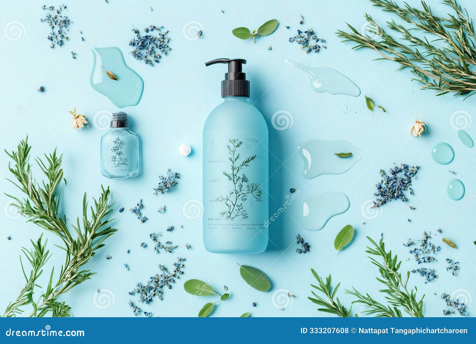 photo shoot of natural shampoo products with dried herbs, generated ai