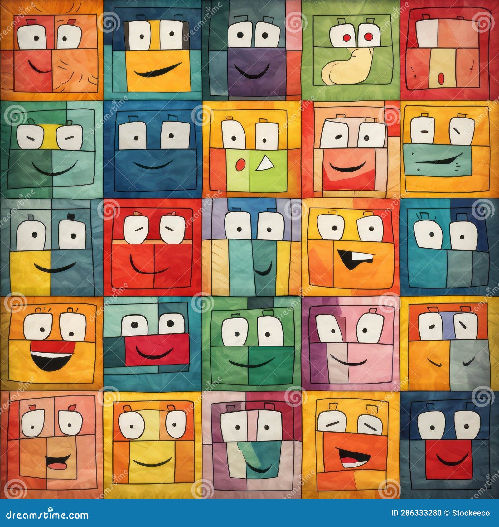 colorful cartoon quilt with responsive smiling faces