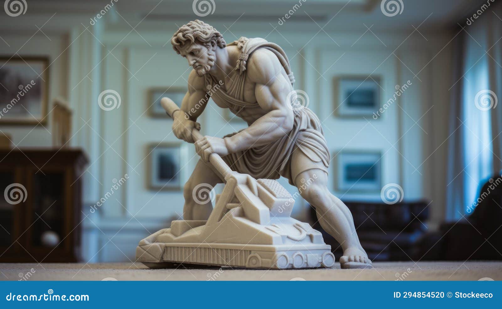 Ancient Greek Marble Man Statue Cleaning Carpet with Dyson Vacuum