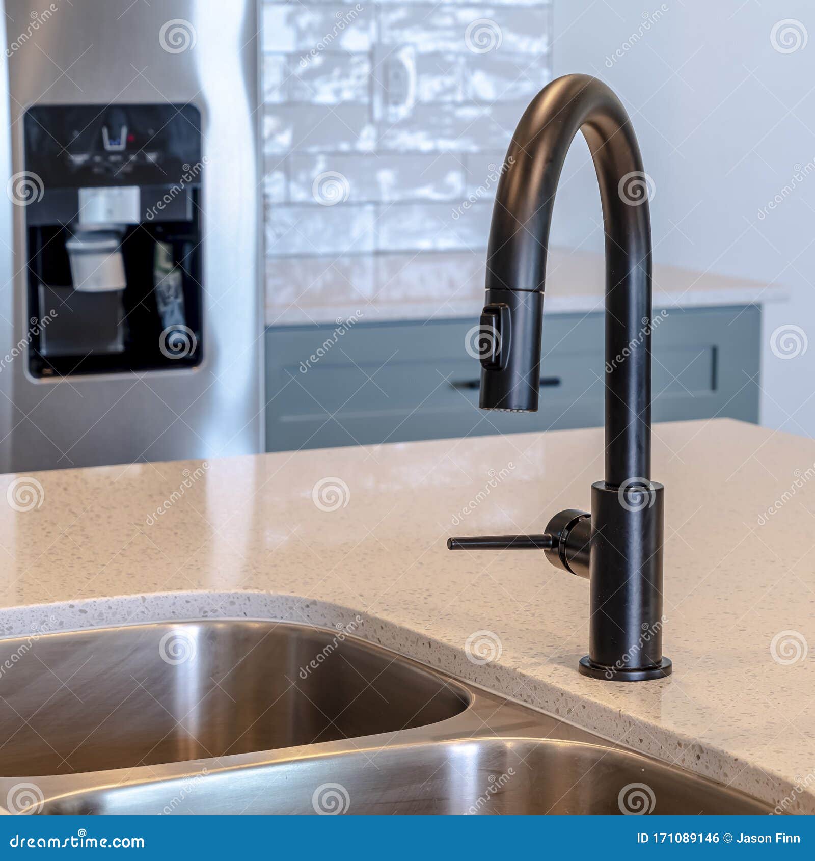 Photo Square Frame Black Faucet And Stainless Steel Double Basin