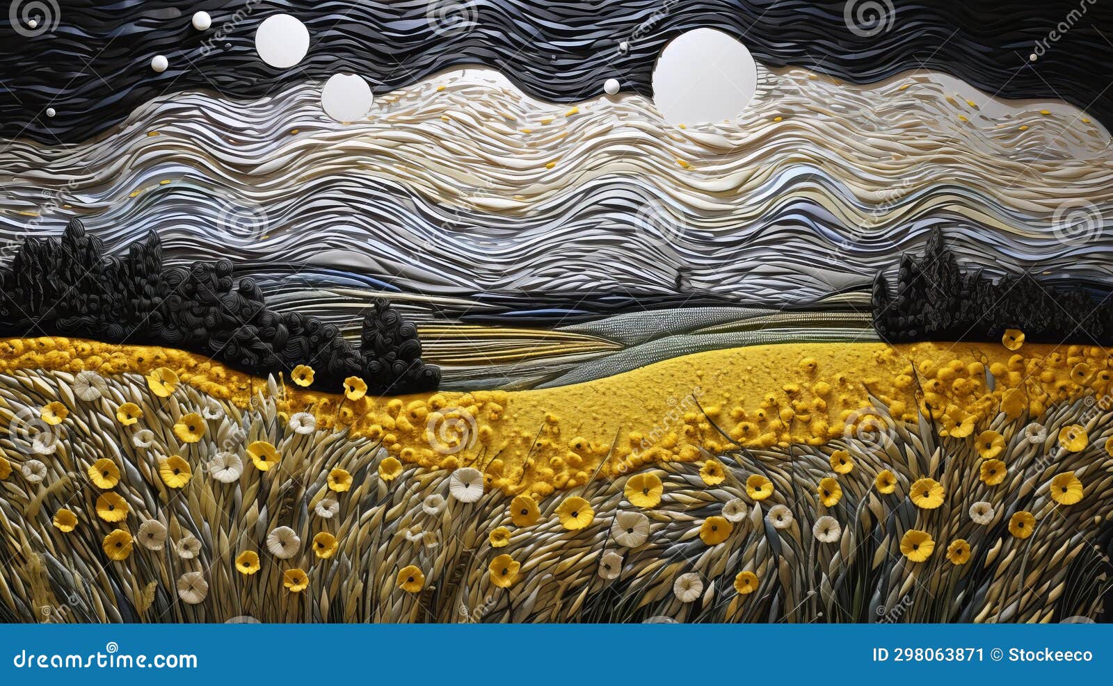 surreal 3d landscape: abstract wheat field with yellow flowers