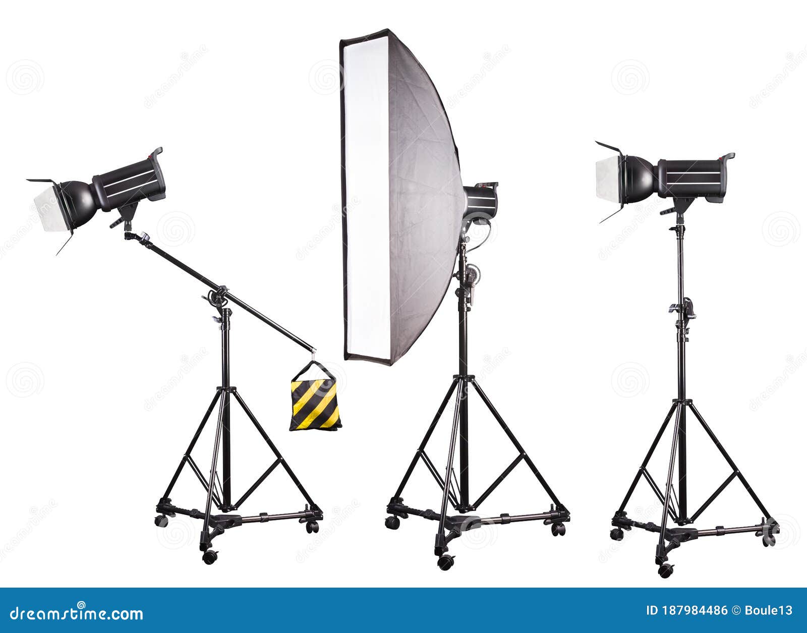 Photo Studio Lighting Stands with Flash and Softbox Isolated on the