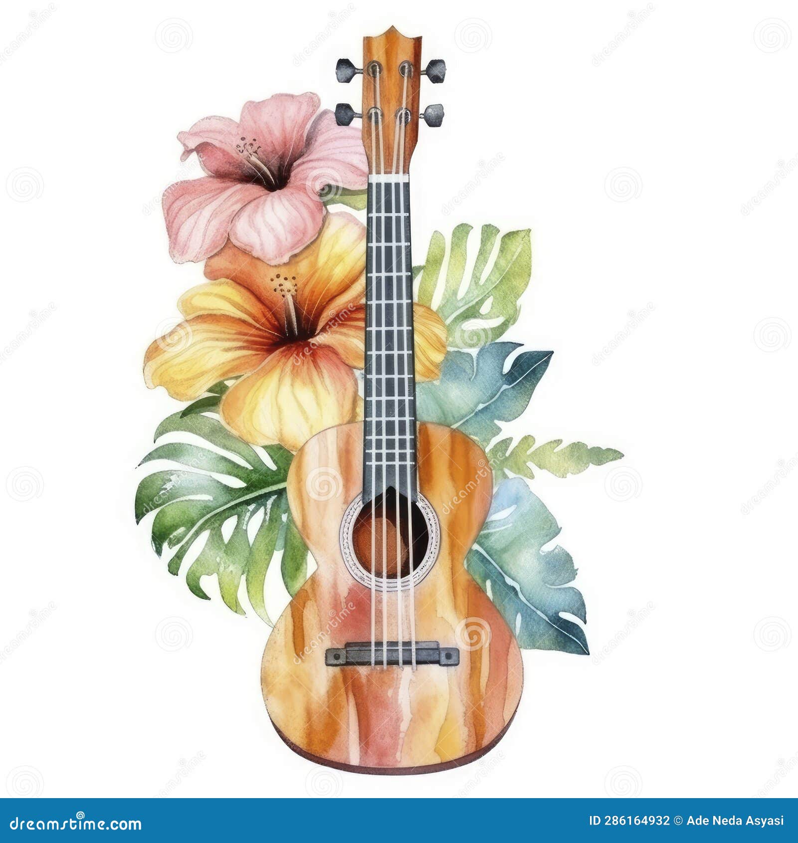 Photo Watercolor Painting of a Ukulele with a Tropical Flowers Stock ...