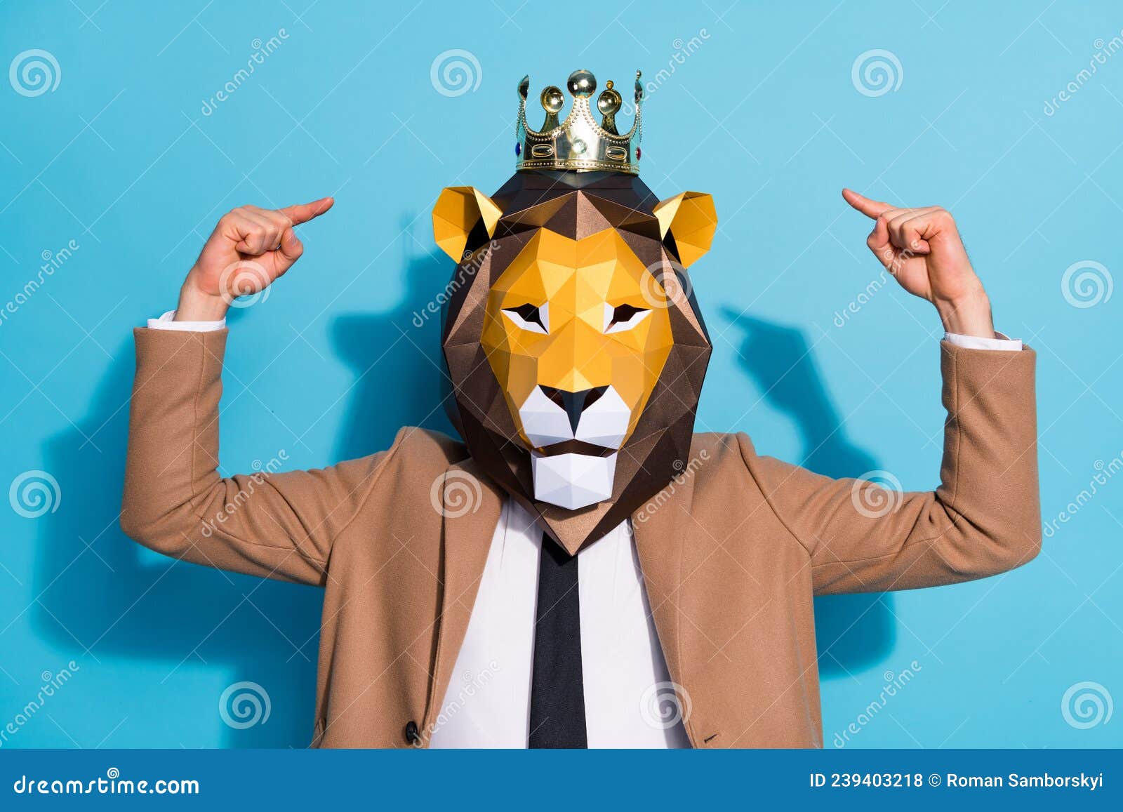 photo of weird eccentric guy in lion mask festive event character point hand gold tiara  over blue color