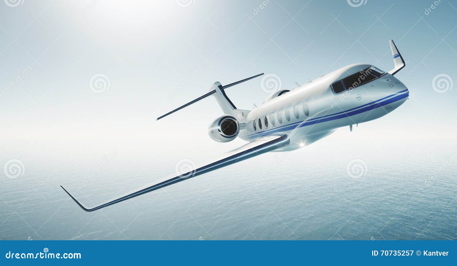 photo of white luxury generic  private jet flying over the sea. empty blue sky at background. business travel