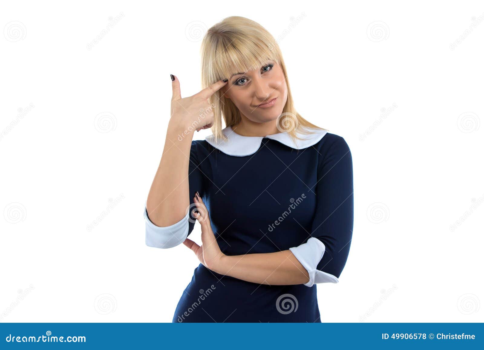 Photo of woman in distress on white background