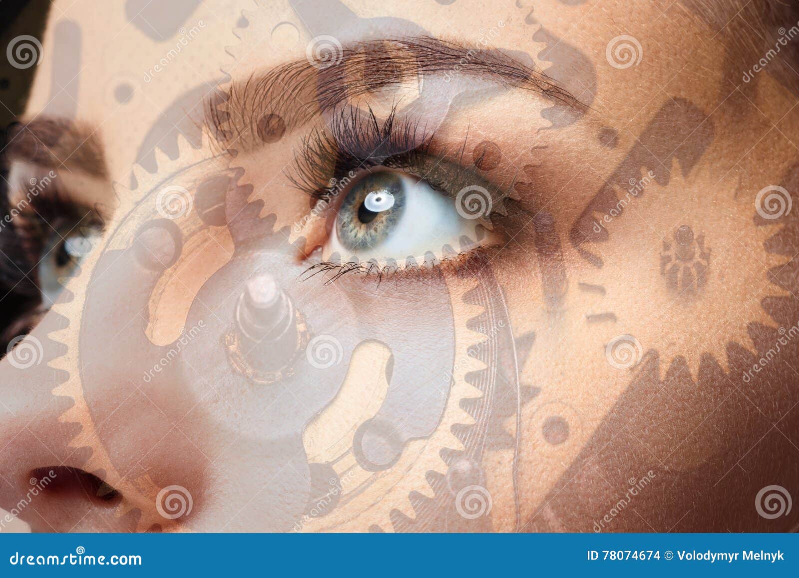 Photo of Woman Eye and Clockwork. Double Exposure Stock Photo Image