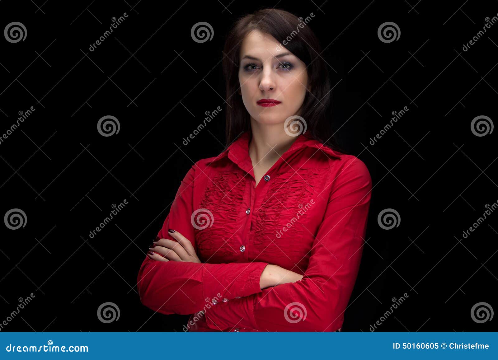 Photo of Woman in Red Shirt with Arms Crossed Stock Image - Image of ...