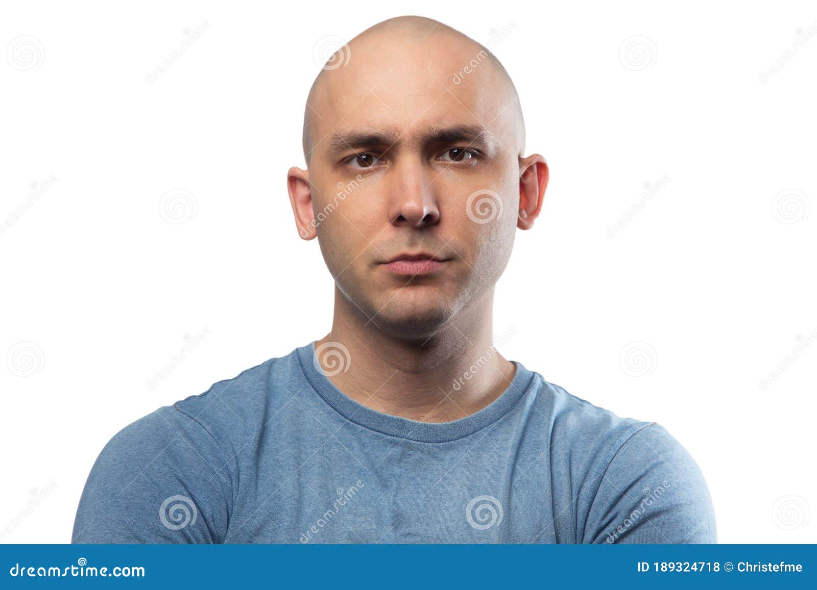 Photo of Young Bald Confused Man in Blue Tee Shirt Stock Photo - Image ...