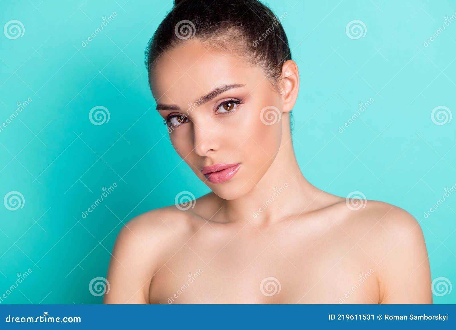 Photo of Young Beautiful Charming Gorgeous Woman with No Clothes Lifting  Procedure Isolated on Turquoise Color Stock Image - Image of healthy,  brown: 219611531