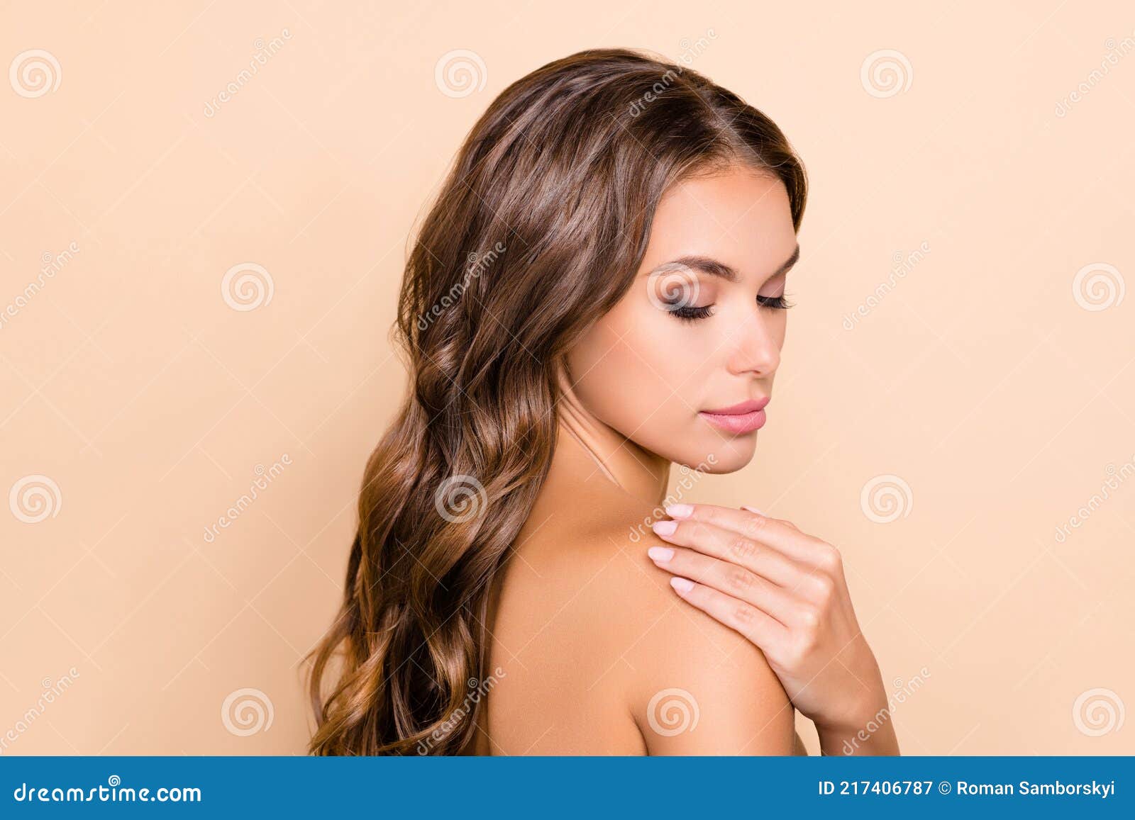 Photo of Young Beautiful Peaceful Woman with No Clothes Applying Body Cream  Lotion Isolated on Beige Color Background Stock Image - Image of beauty,  curly: 217406787