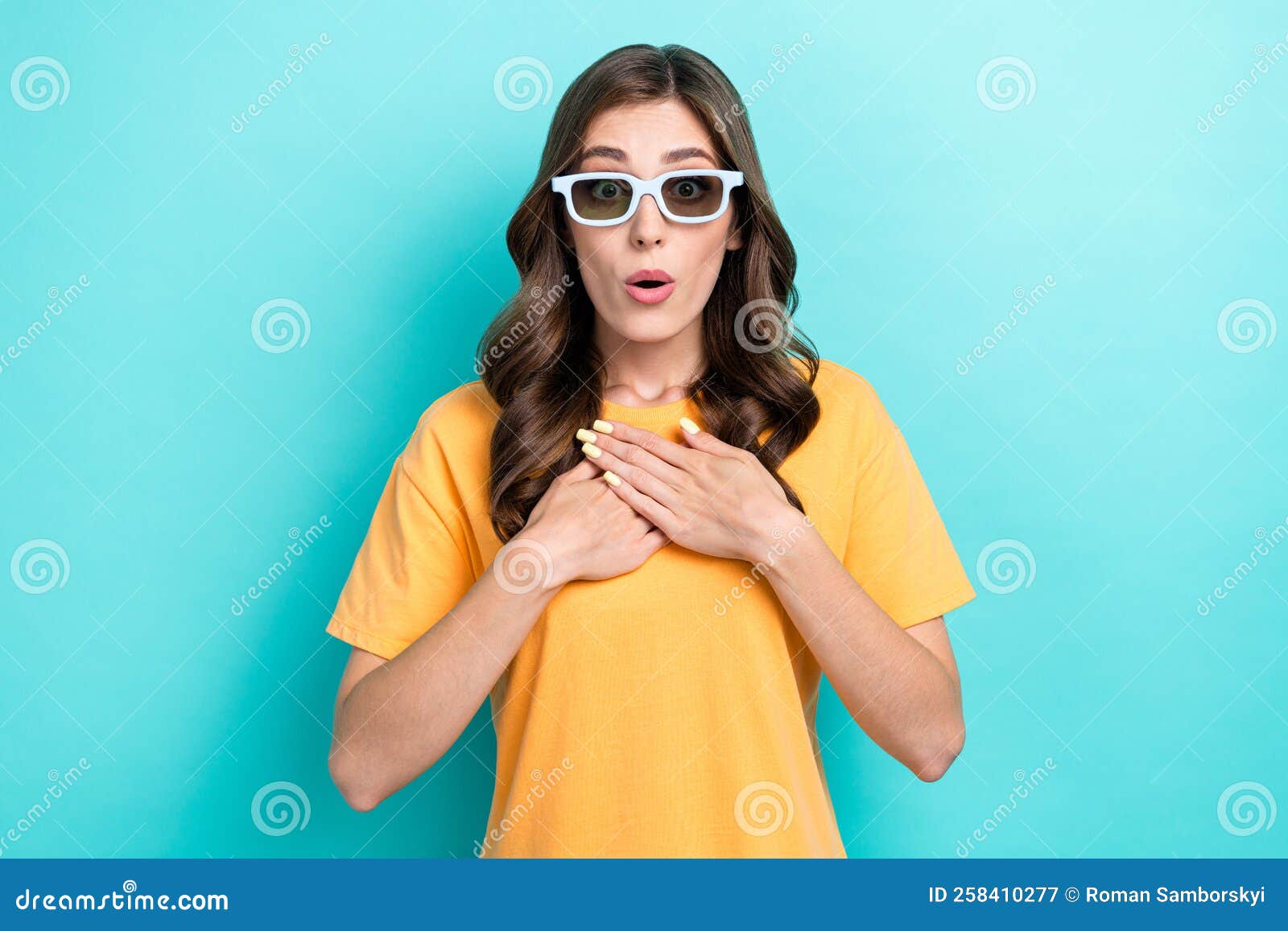 Photo Of Young Funny Excited Positive Good Mood Girl Touch Palms Chest Reaction Pouted Lips 