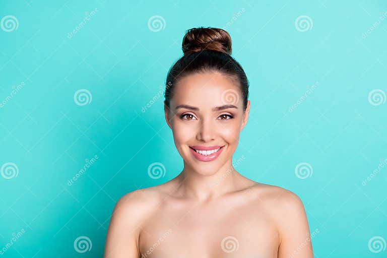 Photo Of Young Happy Cheerful Beautiful Woman With No Clothes Natural Beauty Isolated On Teal
