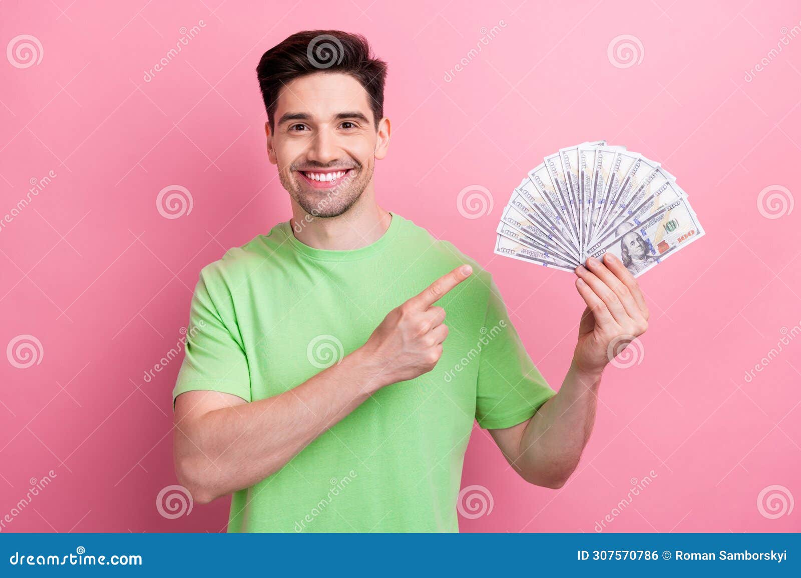 photo of young happy millionaire man point finger winnings national lottery celebrate big jackpot  on pink color