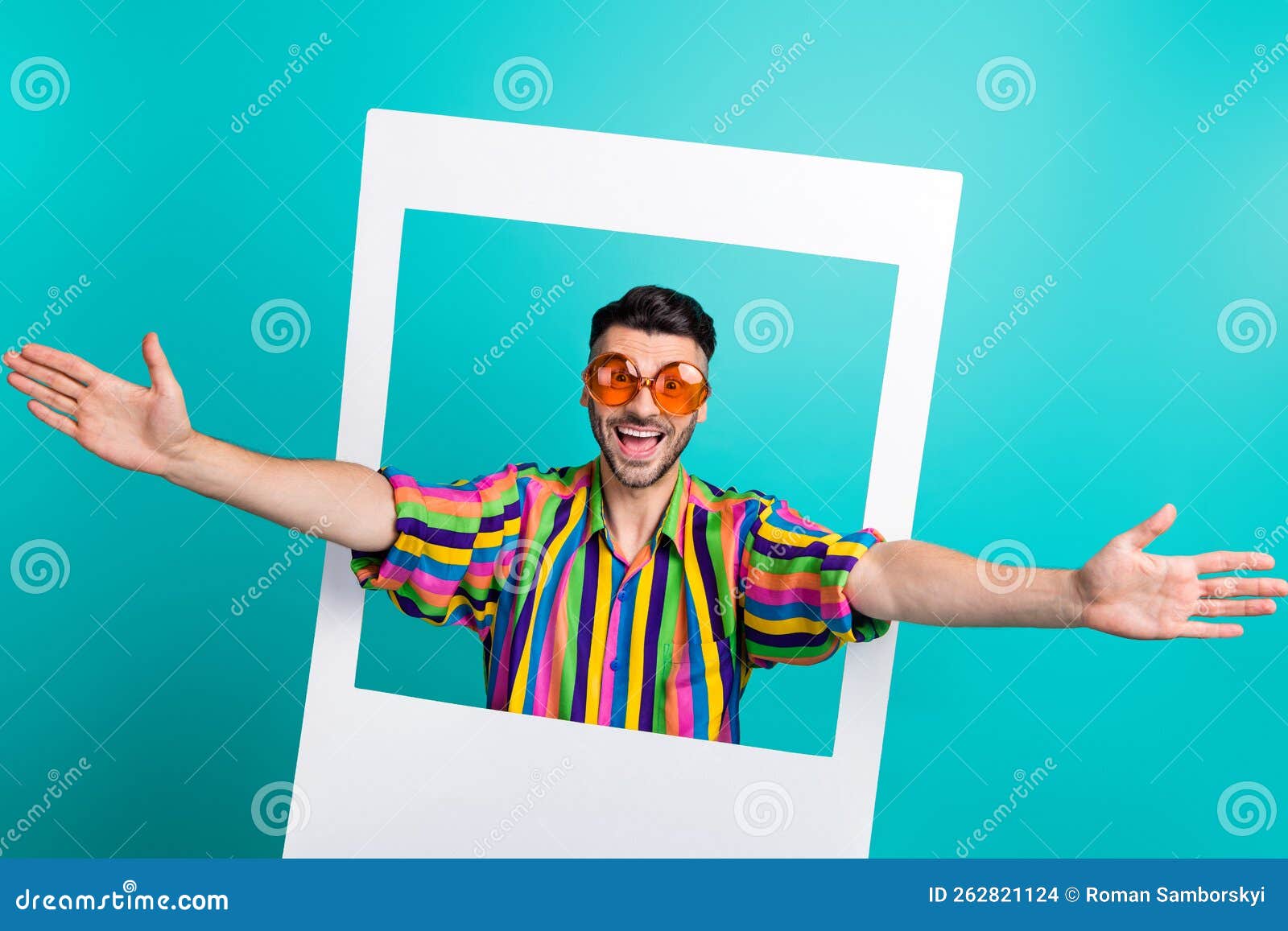 photo of young hipster funky man wait hugs from his friends inside paper frame wear sunglasses rayban  on