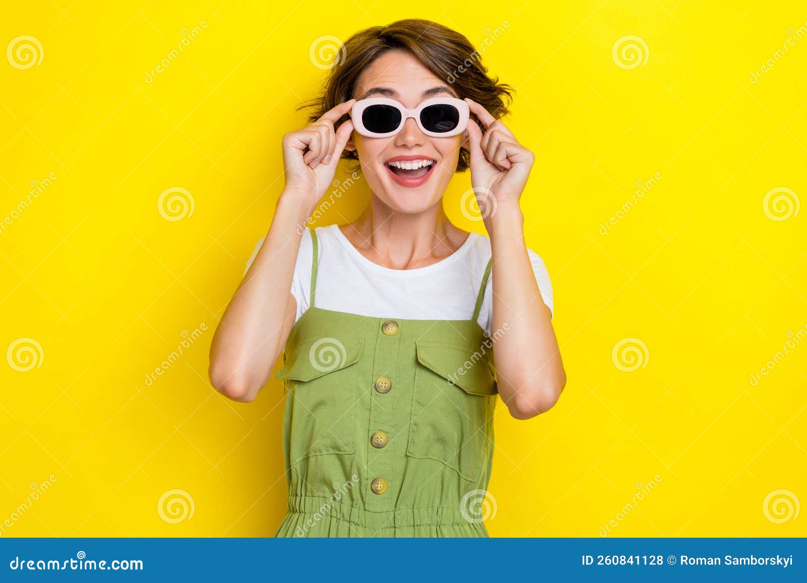 photo of young hipster girl summertime vacation wear sunglasses rayban excited shocked how cool weekend  on