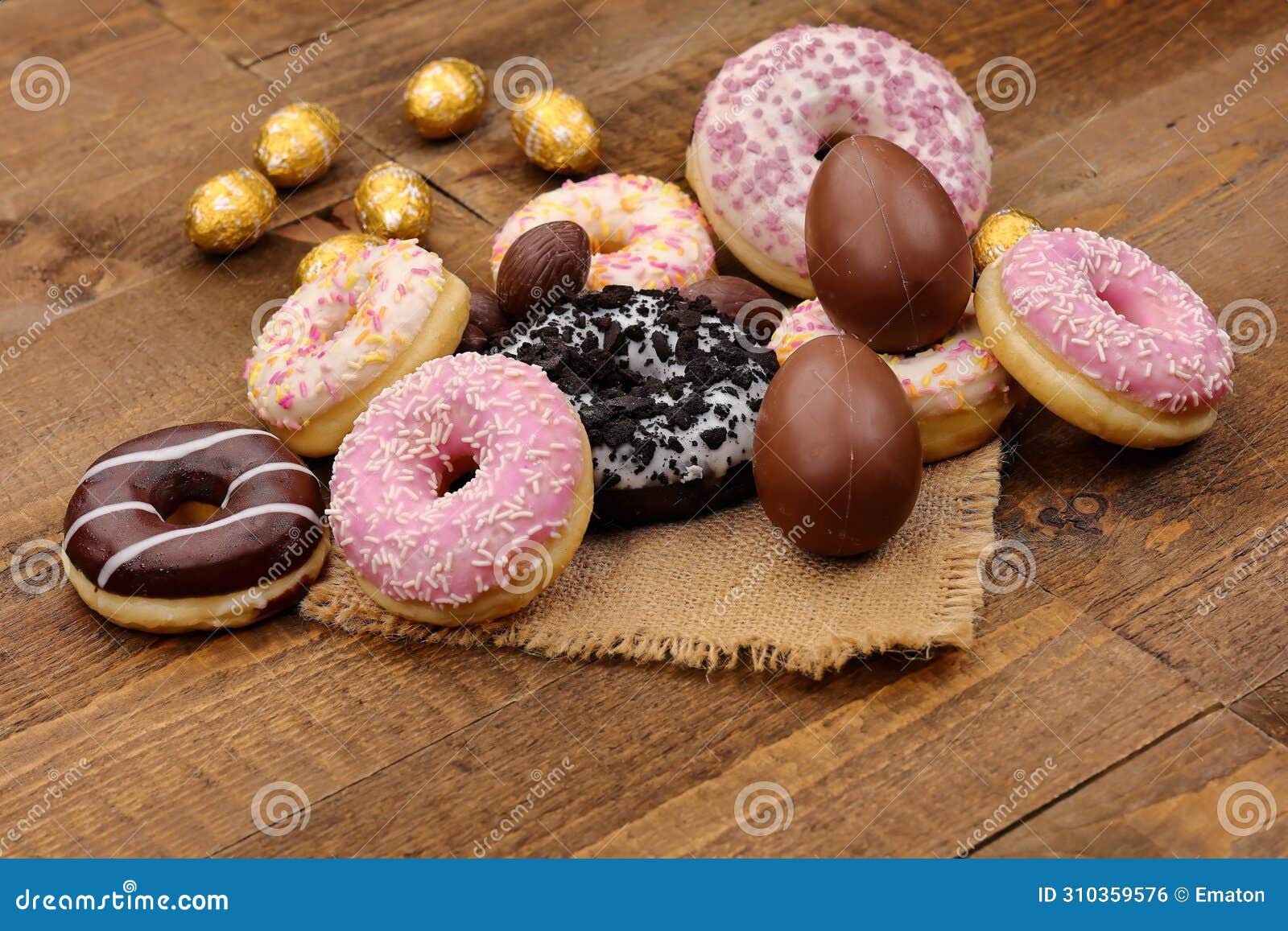 colorful donuts with milk chocolate easter eggs