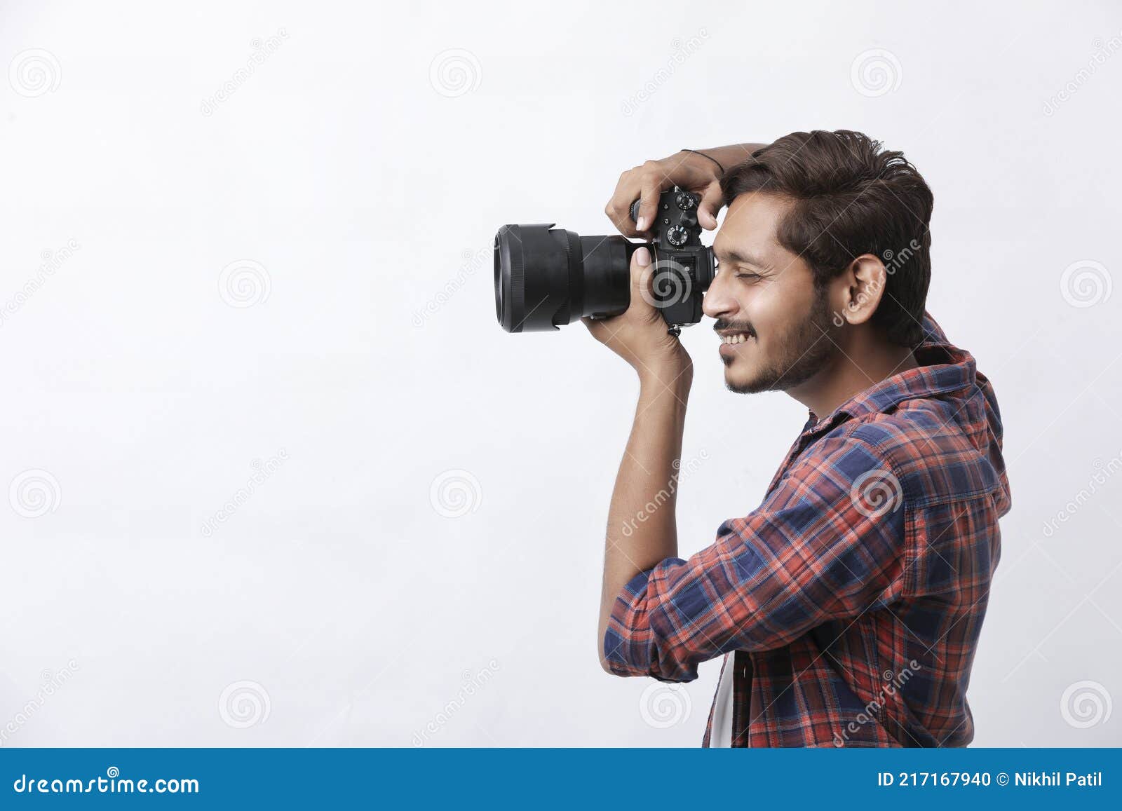 Photographer with Camera on White Background Stock Photo - Image ...