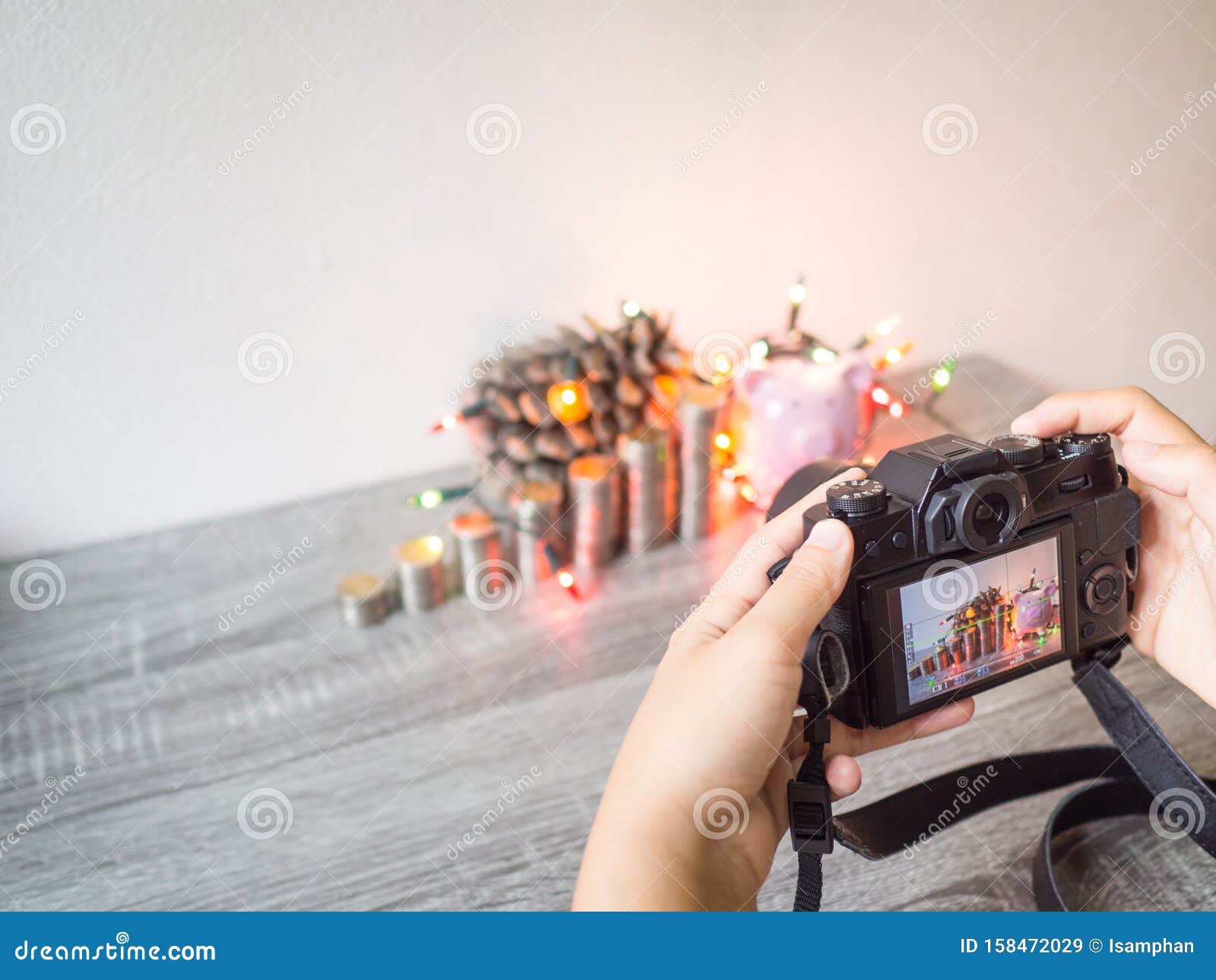 the photographer is intending to use digital camera take pictures of the pink piggy bank and party light