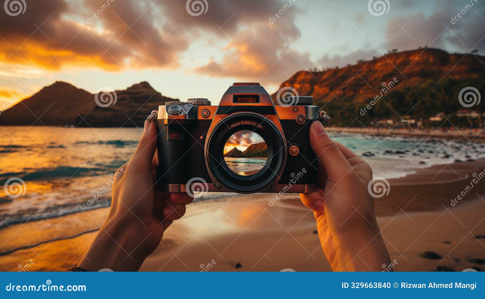 photographer taking pictures of the camera close-up of a tourist's hands creating a frame on a beach at sunset