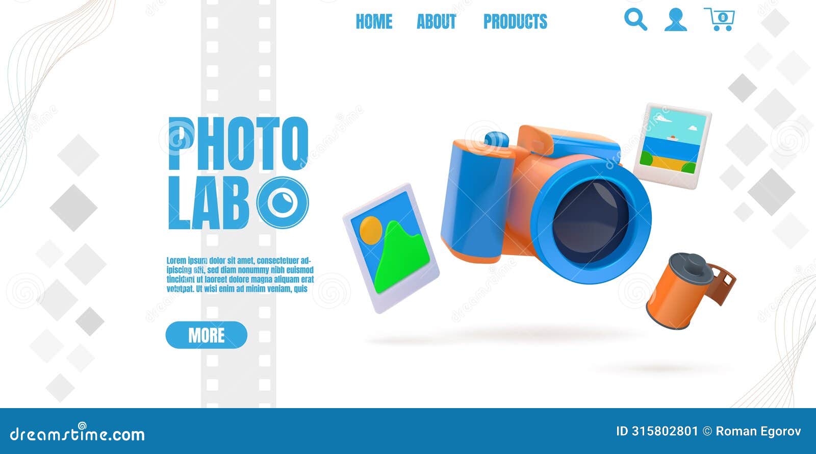 photography camera. photo lab landing page. 3d snapshot and reels. website  template. realistic photographic