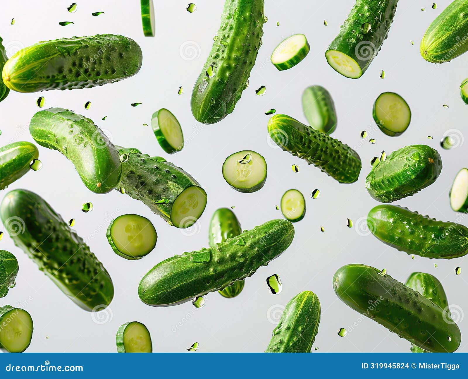 photography of cucumbers falling from the sky, hyperpop colour scheme. glossy, white background