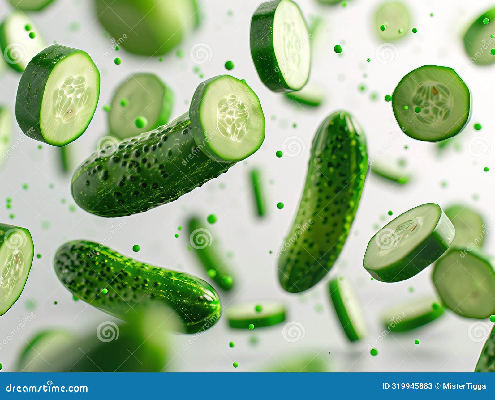 photography of cucumbers falling from the sky, hyperpop colour scheme. glossy, white background