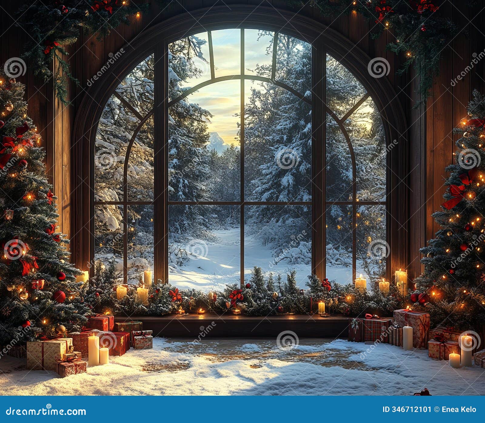 photorealistic christmas window with snowy forest view