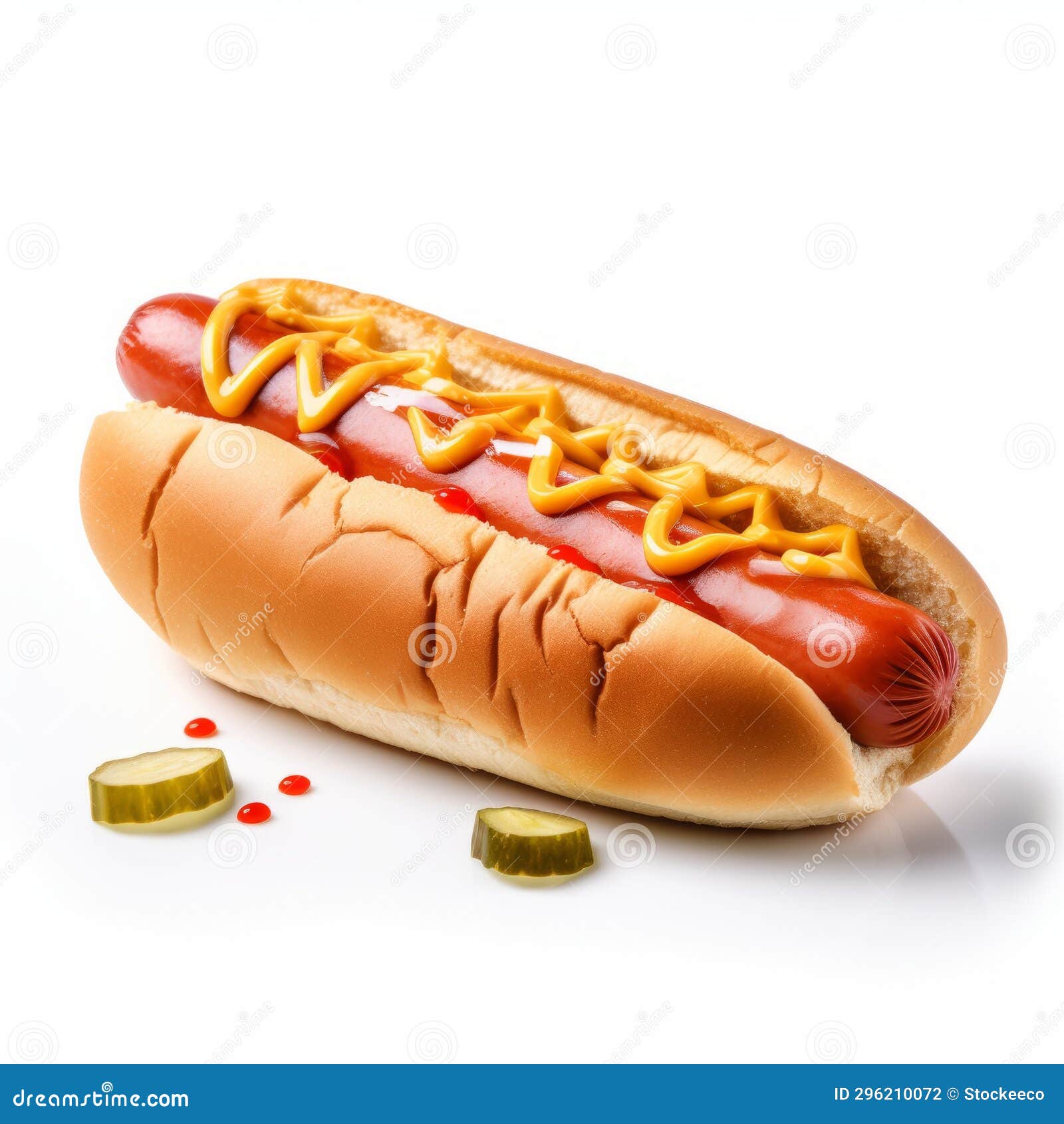 photorealistic hot dog with mustard and pickles on white background