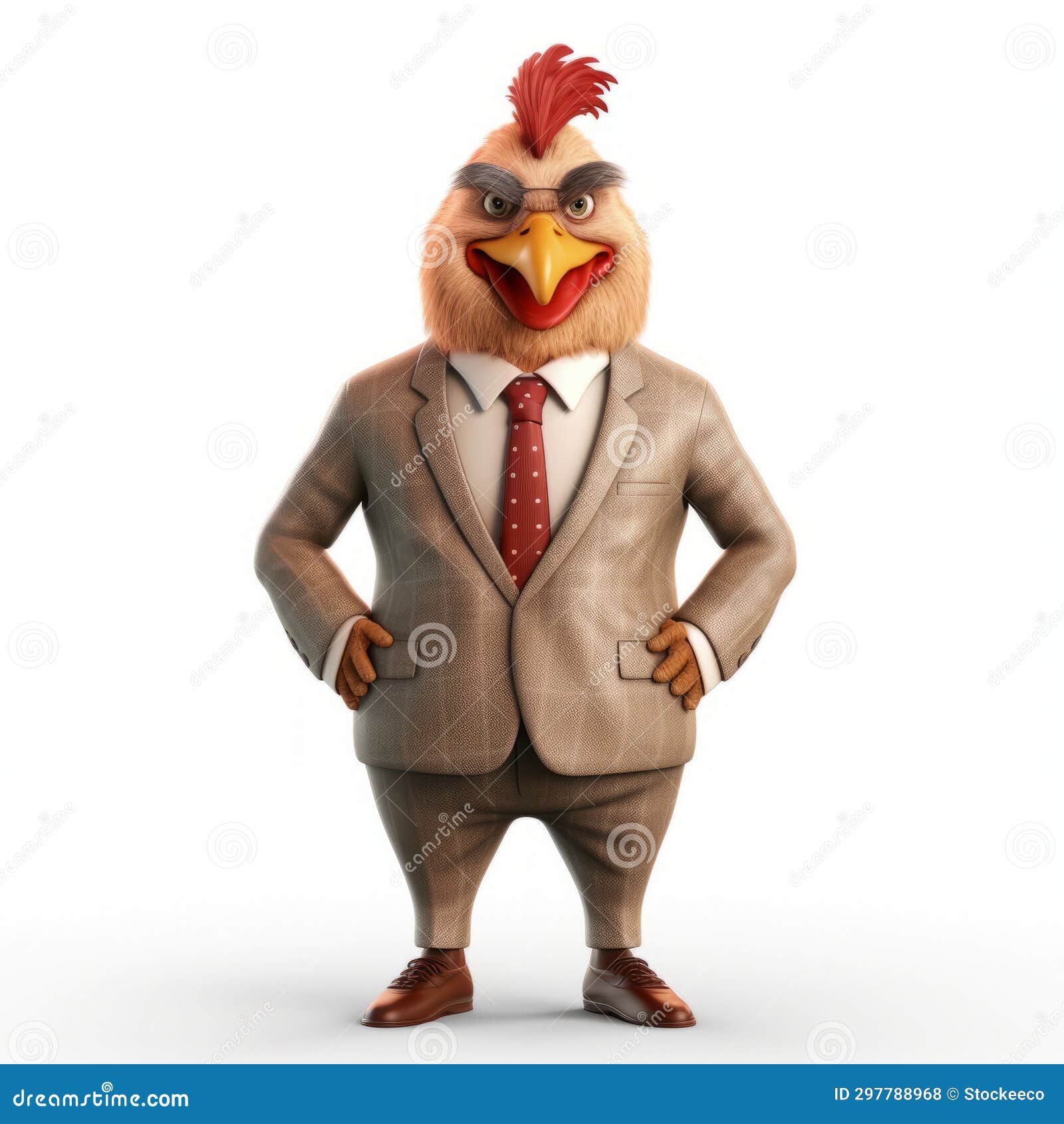photorealistic rendering of an angry chicken in a suit