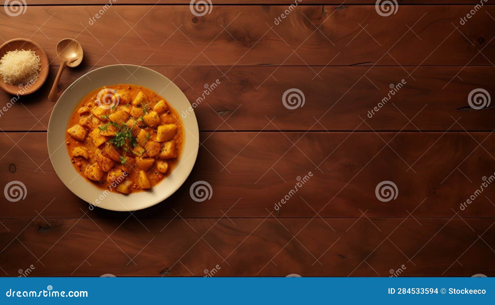 photorealistic renderings of curry on wooden table: aerial view